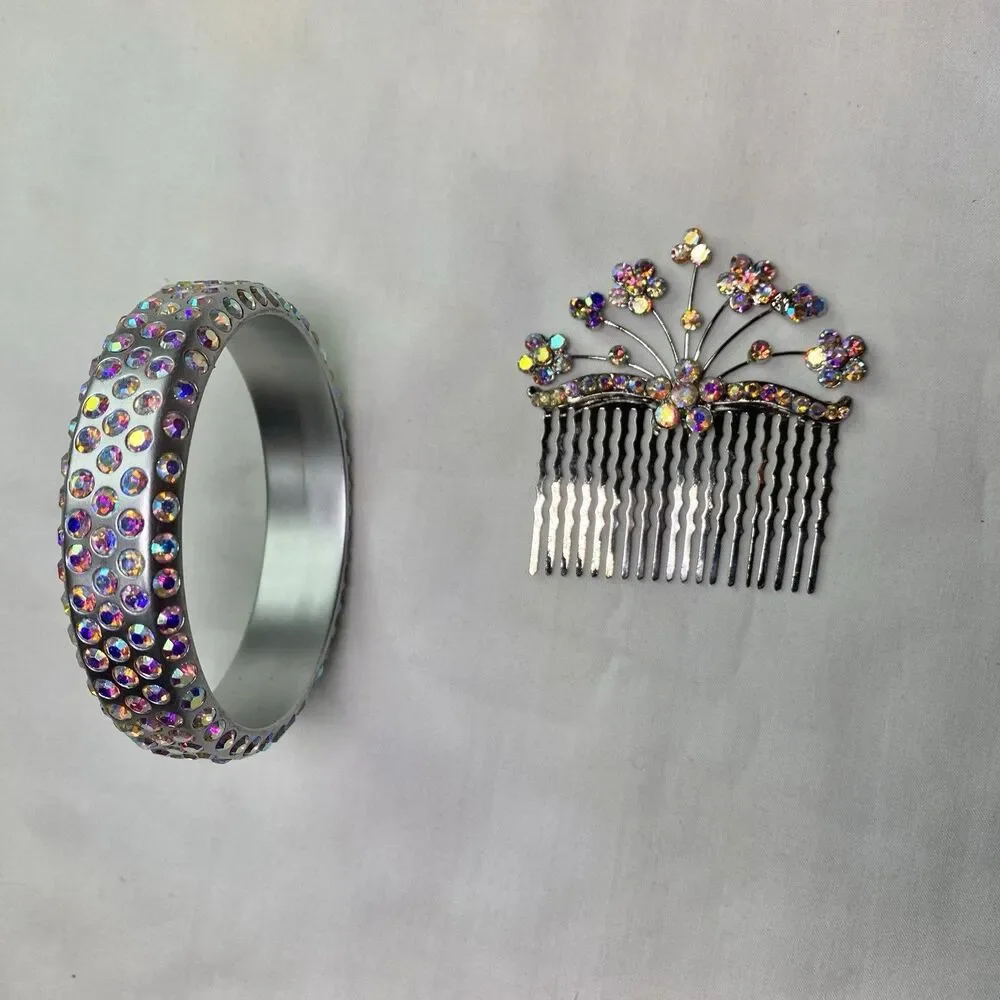 iridescent rhinestones hair comb barrette and bangle bracelet set silver color